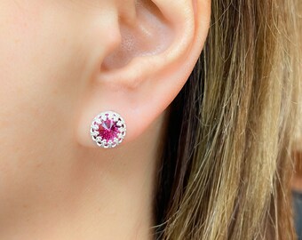 Silver Ruby Stud Earrings, Crystal Ruby Earrings, Pink Fuchsia Studs, Ruby Sterling Silver Earrings Jewelry