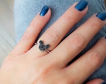 Micky Maus Ring, Silber Ring Micky Maus Diamanten Ring, Ring schwarze Diamanten, Disney Charakter Micky, Maus Ring