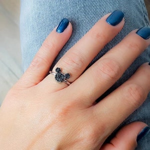 Micky Maus Ring, Silber Ring Micky Maus Diamanten Ring, Ring schwarze Diamanten, Disney Charakter Micky, Maus Ring