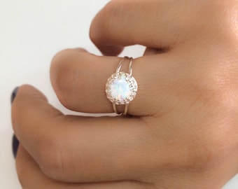 Mother Day - Opal Ring White Opal Silver Jewelry Gold Filled Dainty Double Opal Band Ring