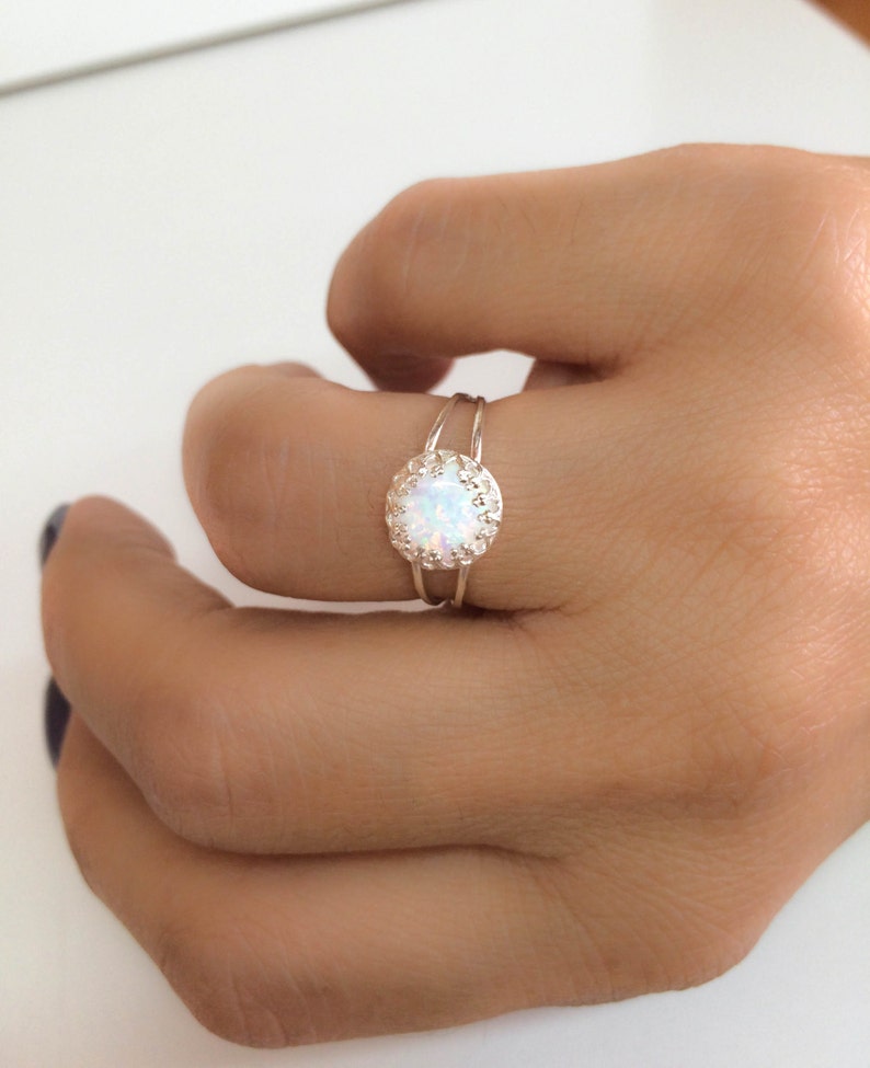 Mother Day Opal Ring White Opal Silver Jewelry Gold Filled Dainty Double Opal Band Ring image 1