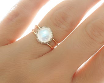 Silver Ring Natural Moonstone Gemstone, Gold Smooth Moonstone Ring, Natural Genuine Moonstone Jewelry, Rainbow Moonstone Ring size 4 to 12