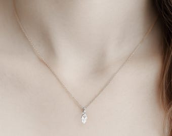 Tiny Hamsa Charm Necklace, Sterling Silver Hamsa Hand Necklace, Minimalist Jewelry, Dainty Heart Necklace