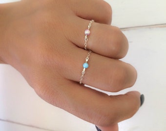 Chain Ring, Opal Chain Ring, Tiny Opal Ring, Stack Silver Chain Ring, White Pink Green Blue Opal, Dainty Opal Chain Ring