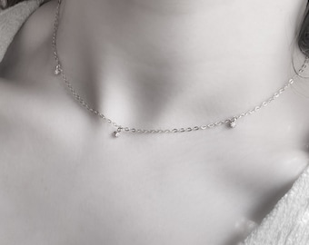 Dangle Diamonds Necklace,Silver Necklace Tiny Diamonds,Tiny Diamonds Necklace,Silver Diamonds Necklace,Dainty Necklace and Tiny Diamonds