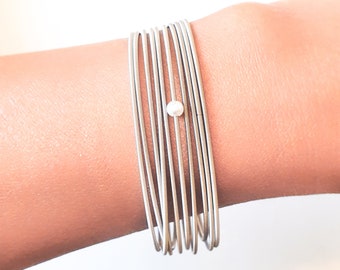 Mother Day - Stainless Steel Coil Bracelets Set of Guitar Strings 10 SIlver 1 Silver with White Pearl Bead Stack Layered Flexible