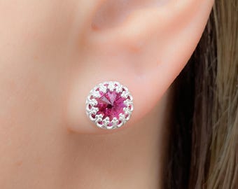 Clous d'oreilles en argent, boucles d'oreilles en cristal rubis Swarovski, clous en pierre rose, bijoux en argent sterling rubis