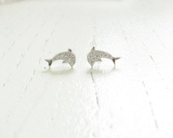 Mother Day - Tiny Silver Studs, Whale CZ Earrings, Whale Post earrings, Crystal Jewelry Sterling Silver