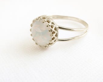 Silver Opal Ring White Opal Crystal Jewelry Birthday Gift For Her Promise Ring