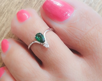 Mother Day - Toe Ring-Adjustable Toe Ring-Silver Toe Ring-Emerald Diamond Toe Ring-Sterling Silver 925 Toe Ring-Foot Jewelry
