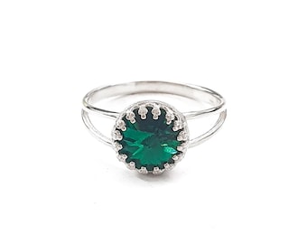 Emerald Crystal Sterling Silver Ring, Green Emerald Gemstone Ring, May Birthstone Ring Jewelry