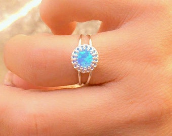 Silver Ring Blue Opal Ring, Turqiouse Opal Vintage Gold Filled Jewelry, Opalite