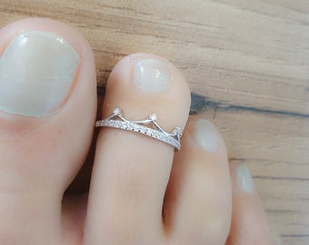 Mother Day - Toe Ring-Adjustable Toe Ring-Silver Toe Ring-Crown Diamonds Toe Ring-Sterling Silver Toe Ring-Minimalist Foot Jewelry