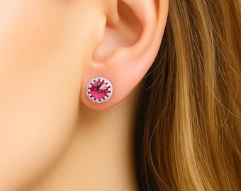 Rubby Earrings ,Ruby Studs Earrings, Ruby Crystal Earrings, Silver 925 Ruby Earrings, Pink Stone Earrings