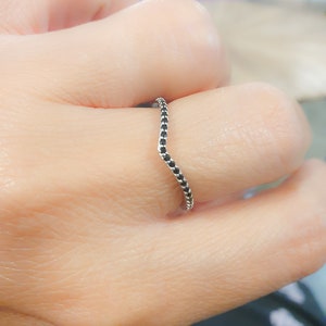Chevron Ring Sterling Silver 925, Black CZ Tiny Diamonds Ring, Thin Black Simulated Diamonds Ring, V Ring Half Eternity
