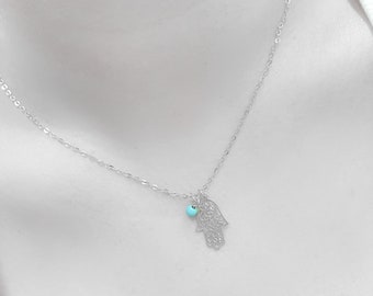 Hamsa Turquoise  necklace, Sterling silver Hamsa , Silver Hamsa necklace, Thin Hamsa necklaceTurquoise