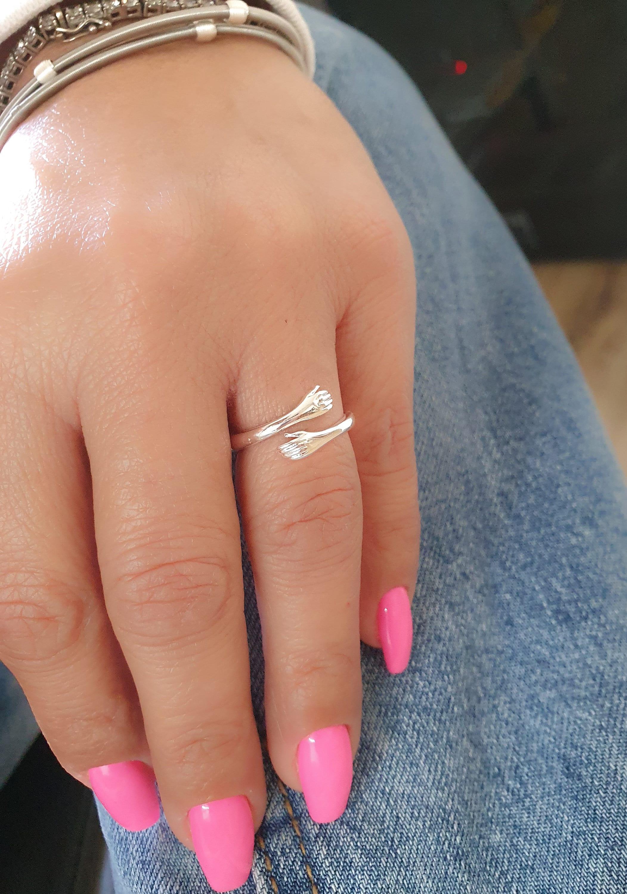 Sterling Silver Hug Ring- Silver Love Hugging Ring - Hugging Hands Couple Ring - Open Hug Ring - Couple Hands Ring - Love Hug Hand Ring