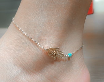 Silver Ankle bracelet sterling silver jewelry sideways hamsa hand fingers charm turquoise bead delicate anklet