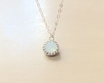 Mother Day - Silver Necklace Opal, White Opal Swarovski Crystal Necklace, Dainty Silver Necklace, Gift For Her, Bridesmaids Gift