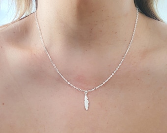 Feather Necklace, Long Leaf Necklace, Dainty Sterling Silver Necklace, Layering Necklace, Small Feather Charm Necklace