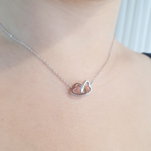 Mother Day - Two Hearts Necklace-Silver Hearts Necklace-Interlocking Hearts Necklace-Sterling Silver Tiny CZ Diamonds Hearts-Romantic