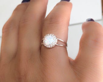 Rainbow Opal Ring White Opal Sterling Silver Jewelry Dainty Double Opal Band Ring