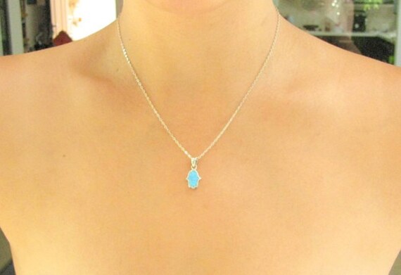 MOTHER DAY SALE Silver necklace Turquoise Charm Opal Charm Necklace Blue Hamsa Necklace Hamsa Opal Necklace Hamsa Charm Necklace