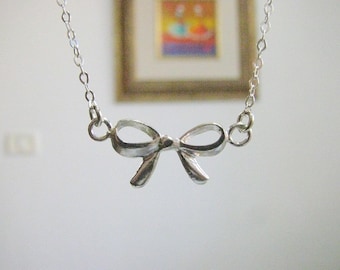 Mother Day - Christmas Sale - Silver Bow Necklace, Silver Ribbon Necklace, Bow Ribbon Jewelry, Freindship Jewelry