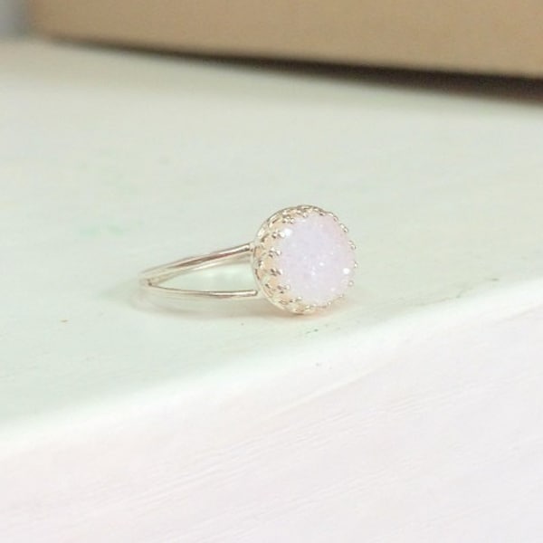 Mother Day - Druzy Silver Ring, White Stone Silver Gold Ring Gemstone Natural Jewelry Mother Day gift Semi precious ring