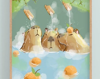 Capybara Kawaii Art Print - Adorable Illustration - Cute Gift for Nature Lovers - Handmade Cozy Wall Decor