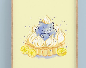 Kawaii Cottagecore Hamster Lemon Pie Art Print - Adorable Meringue Illustration - Cute Gift for Foodies - Handmade Wall Decor