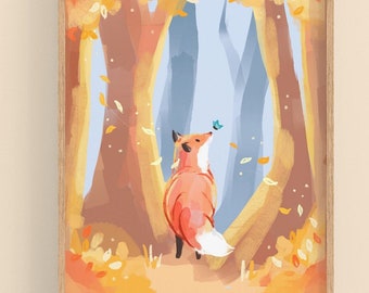 Impression d'Art automne renard Cottagecore Kawaii - Illustration d'animaux adorables - Décoration murale faite main