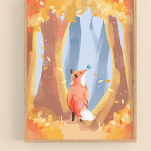 Kawaii Cottagecore Fox Autumn Art Print - Adorable ilustración animal - Decoración de pared hecha a mano