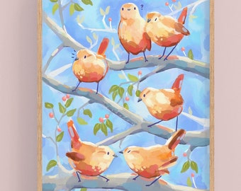 Impression d'Art oiseau mignon - noyau de chalet kawaii Adorable illustration d'animaux - décoration murale faite main
