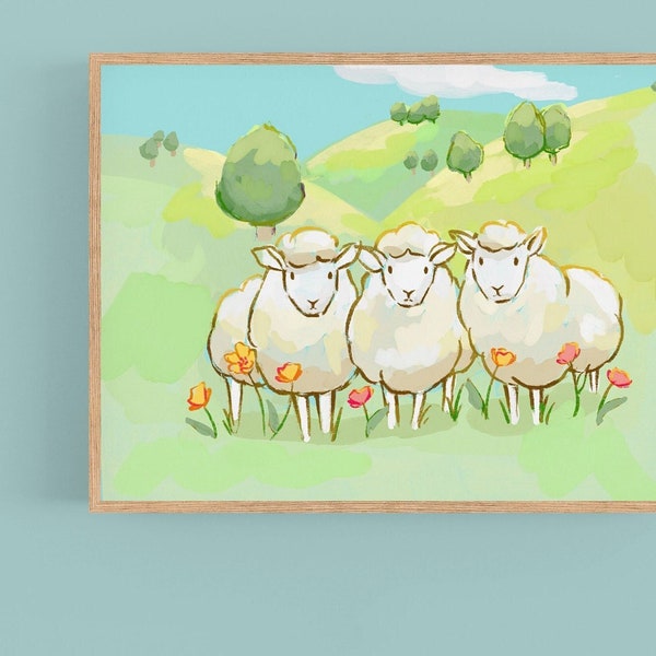 Kawaii Cottagecore Art Print - Adorable Sheep in Countryside Painting - Cute Gift for Nature Lovers - Handmade Etsy Wall Decor
