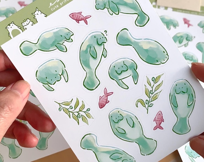 Eco-Friendly Manatee Sticker Sheet: Kawaii Journal Planner Stickers