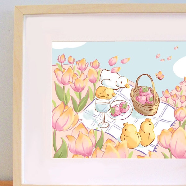 cottagecore cute ducks print | kawaii picnic tulip illustration whimsical art