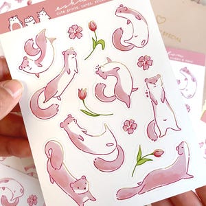 Foglio di adesivi ecologici a forma di donnola ermellino - Adesivi disegnati a mano, senza PVC e riciclabili / Adesivi kawaii a forma di animale per diari e agende