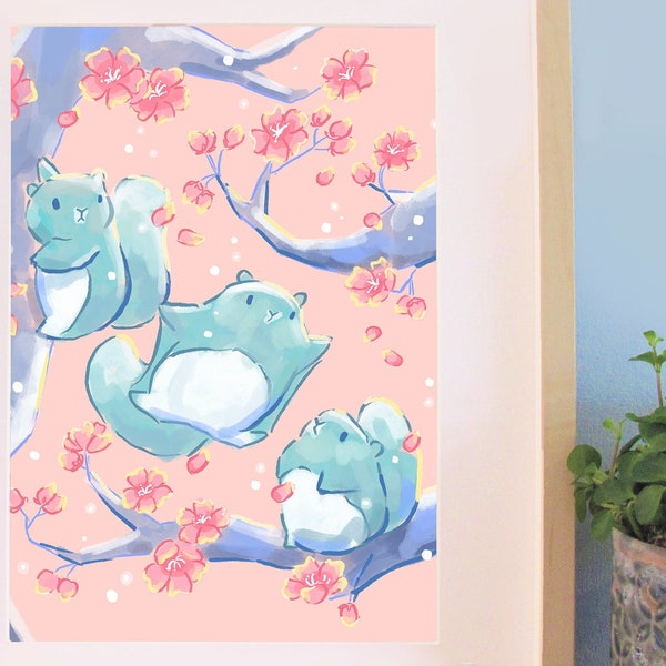 japanischer Sakura-Druck | kawaii niedliche fliegende Eichhörnchen Cottagecore-Illustration wunderliche Kunstmalerei