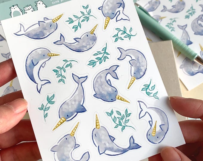Featured listing image: Eco-Friendly Narwhal Sticker Sheet: Kawaii Journal Planner Stickers