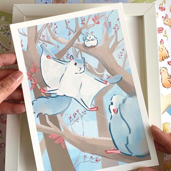 Fliegendes Eichhörnchen Art Print: Kawaii Cottagecore Hanf Papier Illustration