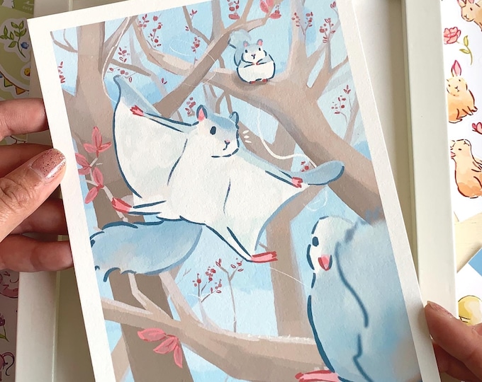 Flying Squirrel Art Print: Kawaii Cottagecore Hemp Paper Illustration