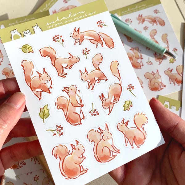 Foglio di adesivi eco-compatibili con scoiattoli: adesivi kawaii per planner e diario