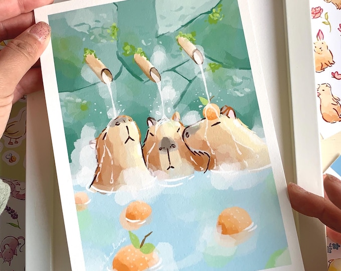 Kawaii Capybara Art Print: Eco-Friendly Hemp Paper Illustration