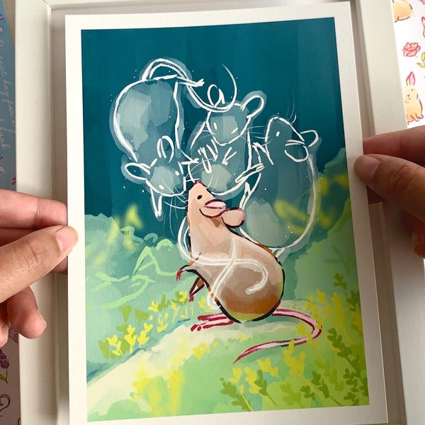 Geister-Maus Art Print: Cottagecore Illustration auf Hanfpapier (A5/A4)