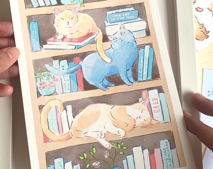 Cottagecore Cat Bookshelf Art Print: Eco-Friendly Hemp Paper (A5/A4)