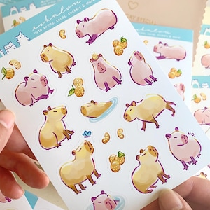 Foglio di adesivi Capibara ecologici - Adesivi disegnati a mano, senza PVC e riciclabili / Adesivi kawaii a forma di animali per diari e agende