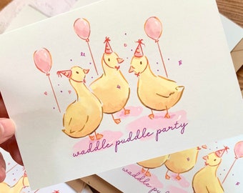Duck Waddle Puddle Party wenskaart: Leuke & Kawaii handgeschilderde kunst voor een spetterende verjaardag of feest!