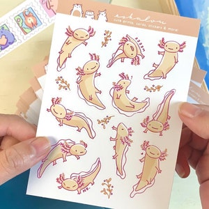 Umweltfreundlicher Axolotl-Stickerbogen - Niedliche PVC-freie & recycelbare Aufkleber | Kawaii Tier Aufkleber für Journals, Planer