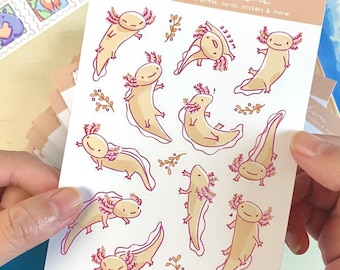 Milieuvriendelijk axolotl-stickervel: kawaii-plannerstickers